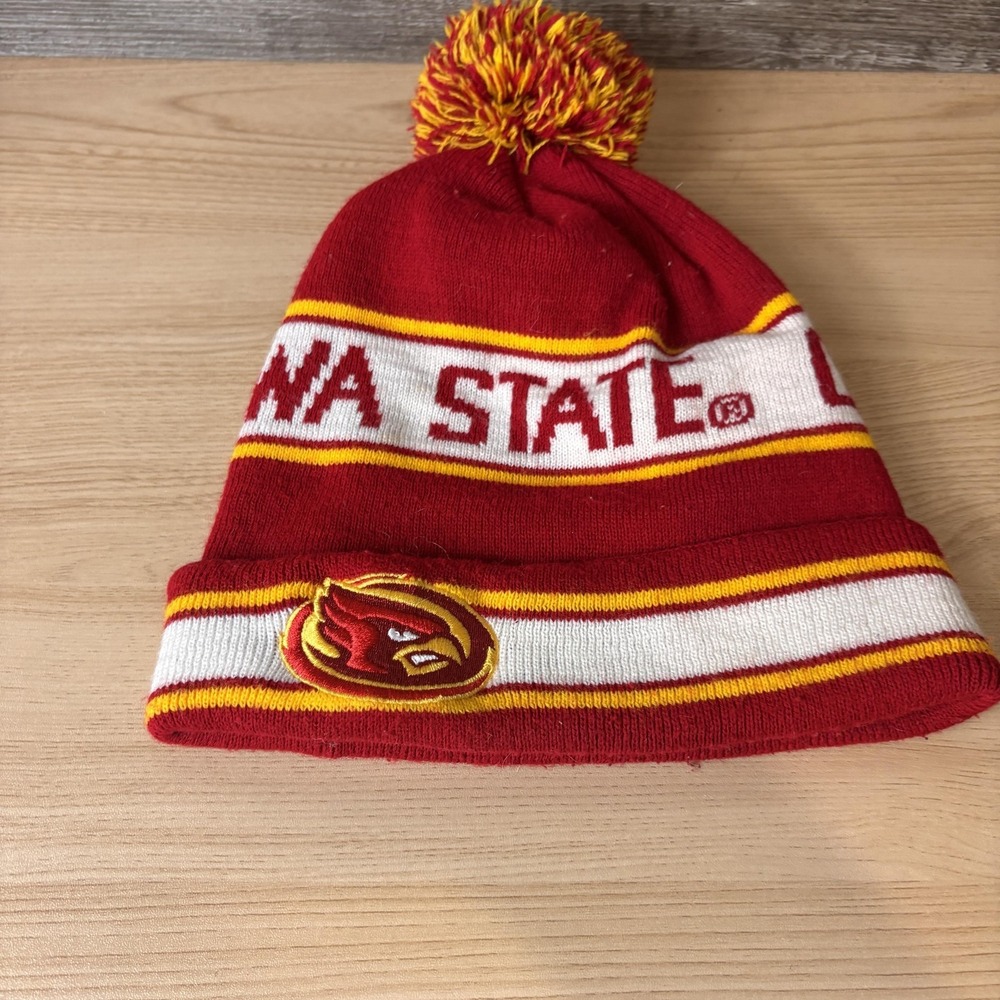 Iowa‎ State Cyclones Hat Beanie Mens Red Yellow NCAA College Pom Pom Knit Cuffed